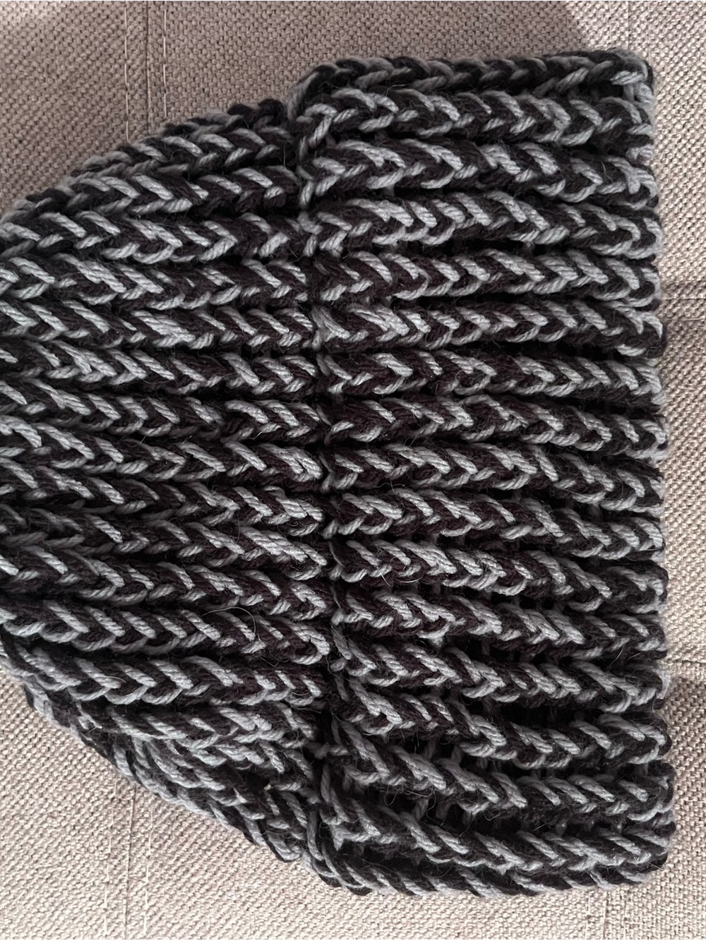 Unisex beanie is a handmade Two-Tone Black and Gray Knit Beanie Hat